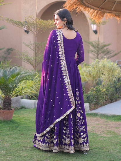 Purple Pure Faux Blooming Georgette with Zari &amp; Sequins Embroidered Work Anarkali Long Gown