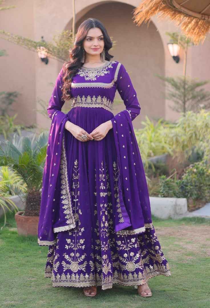 Purple Pure Faux Blooming Georgette with Zari &amp; Sequins Embroidered Work Anarkali Long Gown