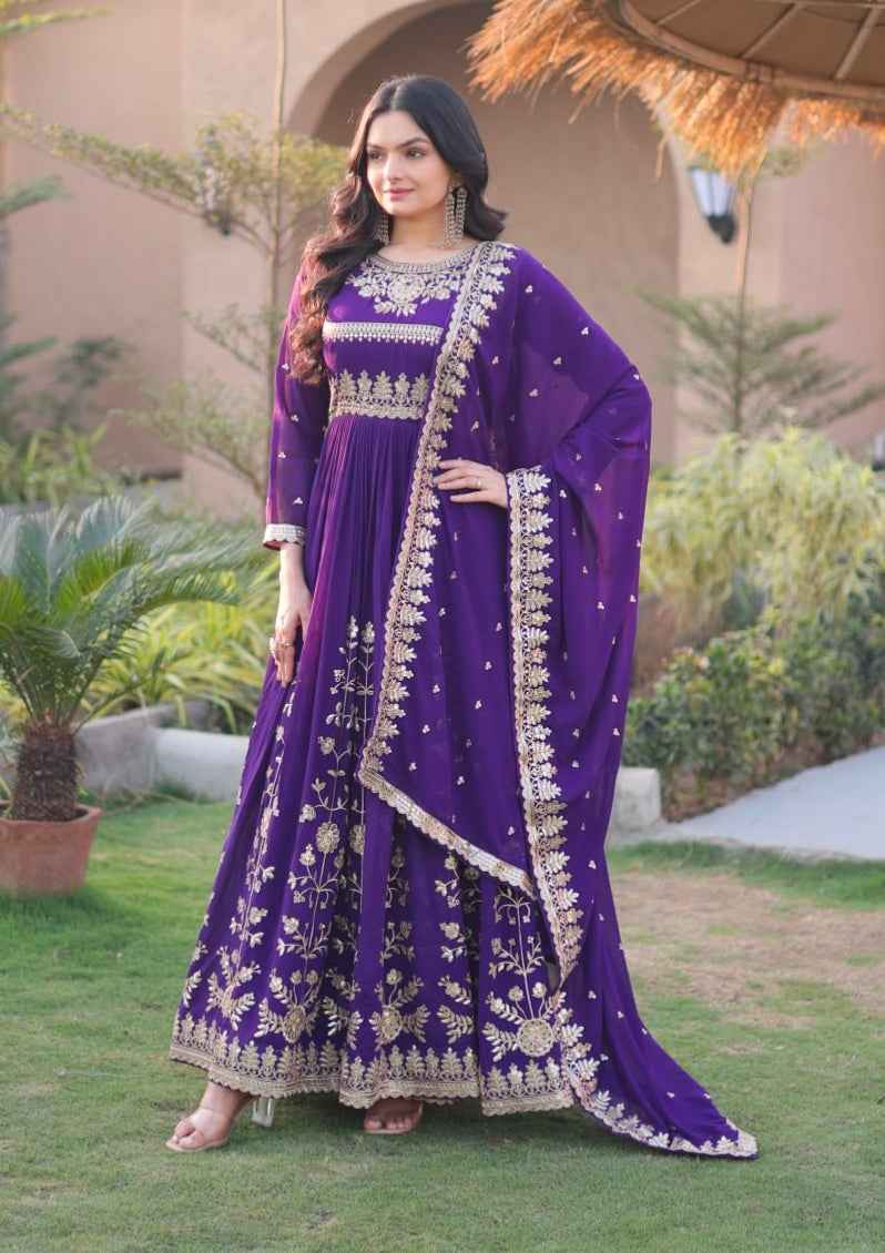 Purple Pure Faux Blooming Georgette with Zari &amp; Sequins Embroidered Work Anarkali Long Gown