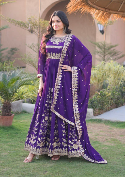 Purple Pure Faux Blooming Georgette with Zari &amp; Sequins Embroidered Work Anarkali Long Gown