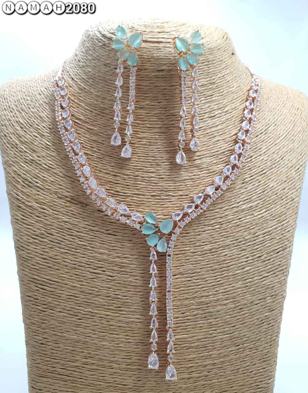 Mint Green American Diamond Necklace Set