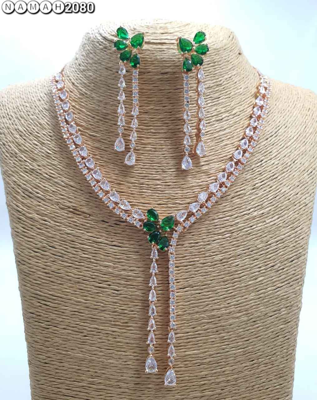 Green American Diamond Necklace Set