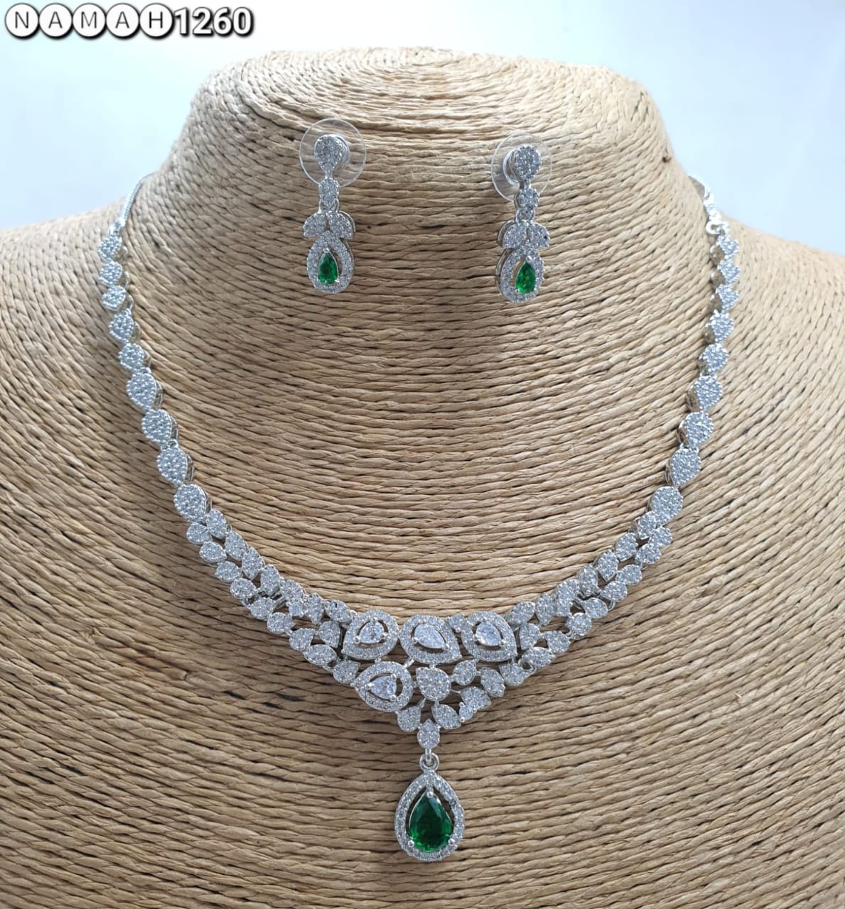 Green American Diamond Necklace Set