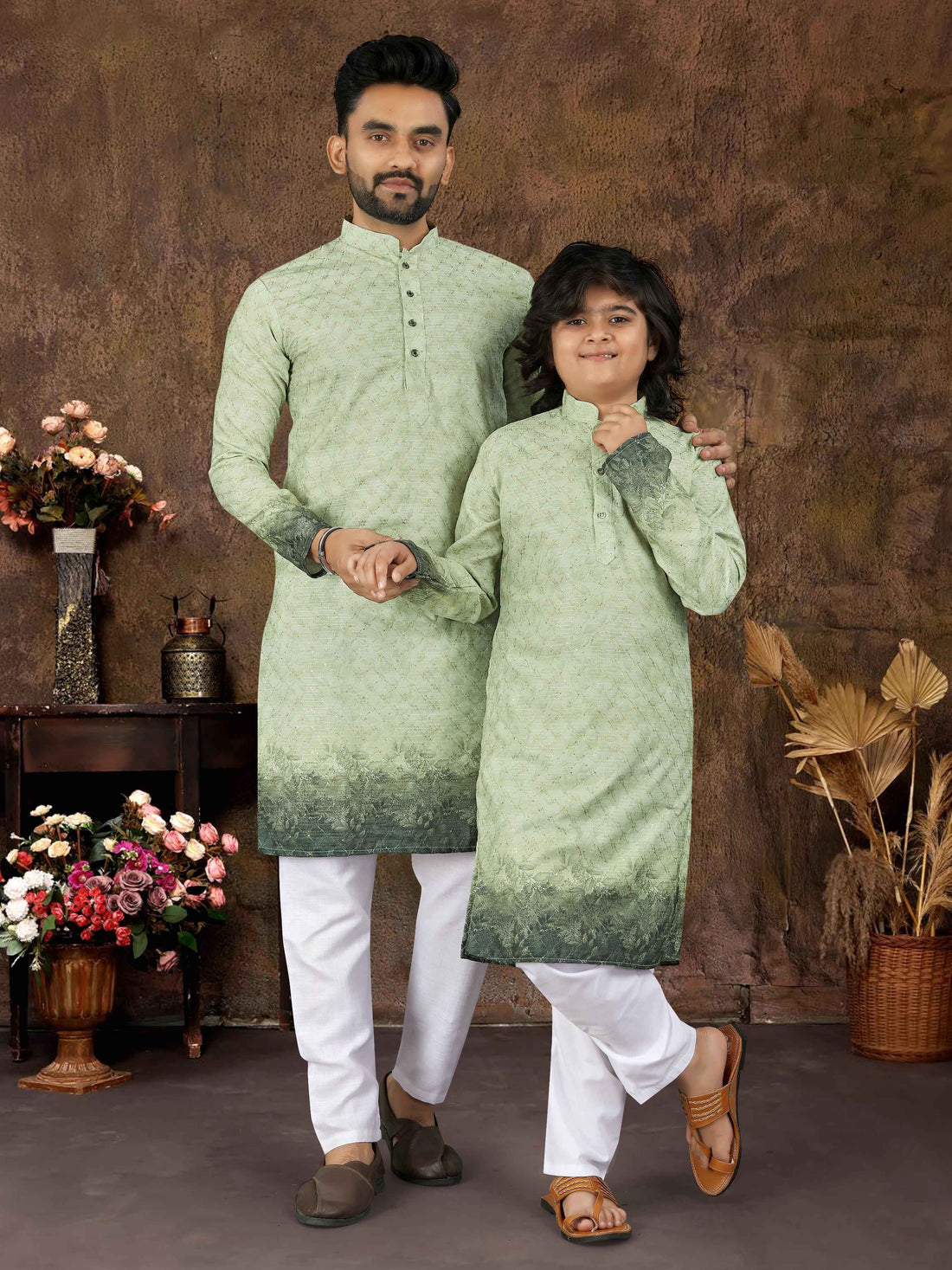 Green Pure Cotton Reyon Thread Work Kurta Pajama Father &amp; Son Matching Combo Set
