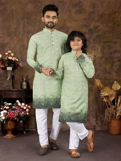 Green Pure Cotton Reyon Thread Work Kurta Pajama Father &amp; Son Matching Combo Set