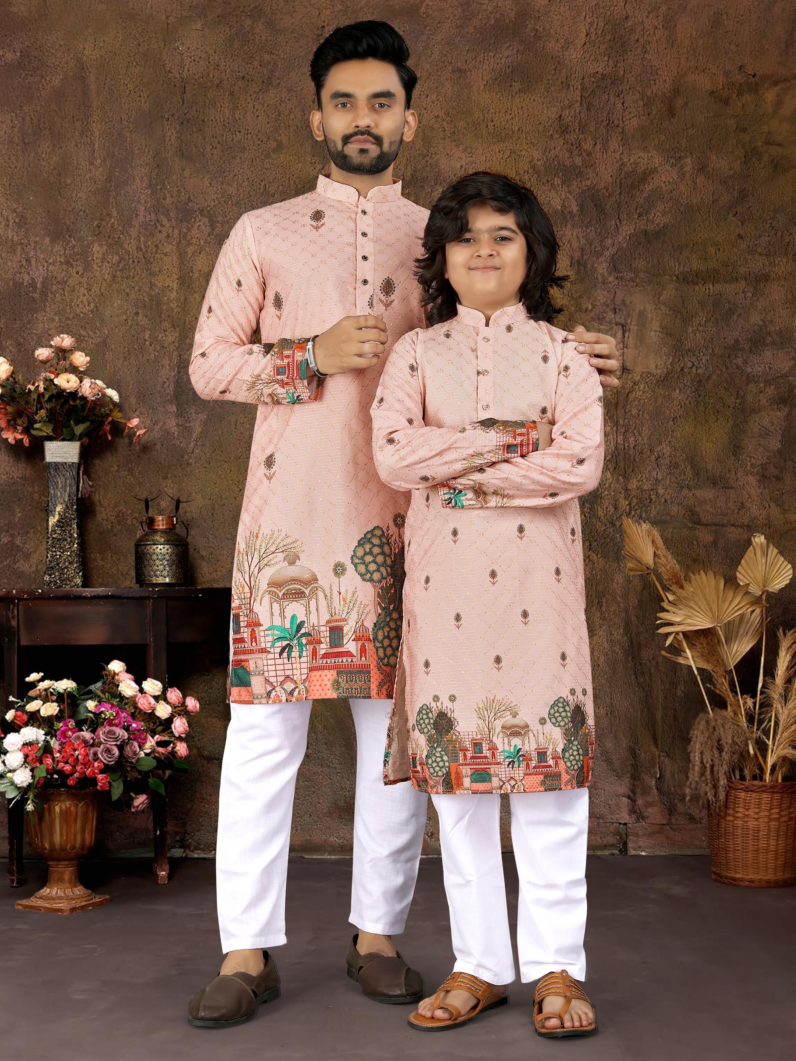 Peach Pure Cotton Reyon Thread Work Kurta Pajama Father &amp; Son Matching Combo Set