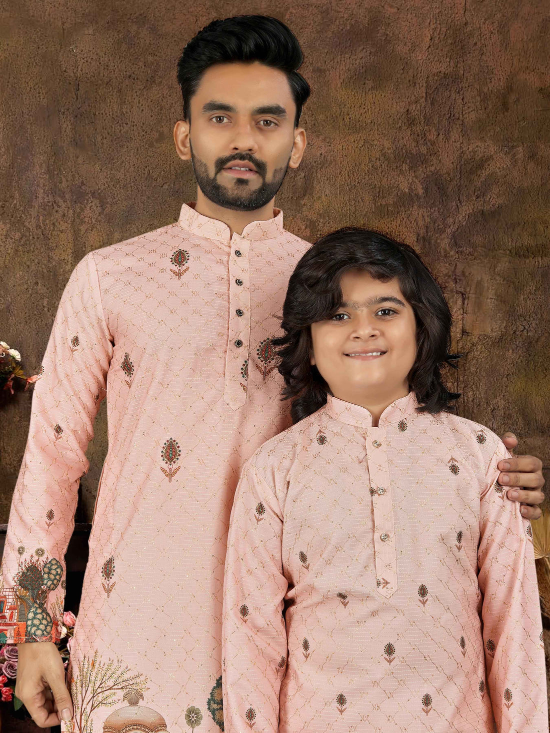 Peach Pure Cotton Reyon Thread Work Kurta Pajama Father &amp; Son Matching Combo Set