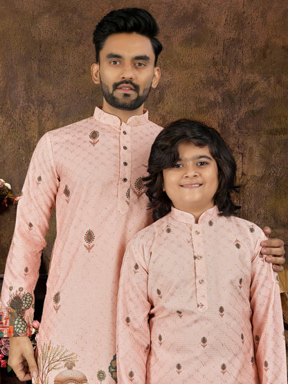 Peach Pure Cotton Reyon Thread Work Kurta Pajama Father &amp; Son Matching Combo Set
