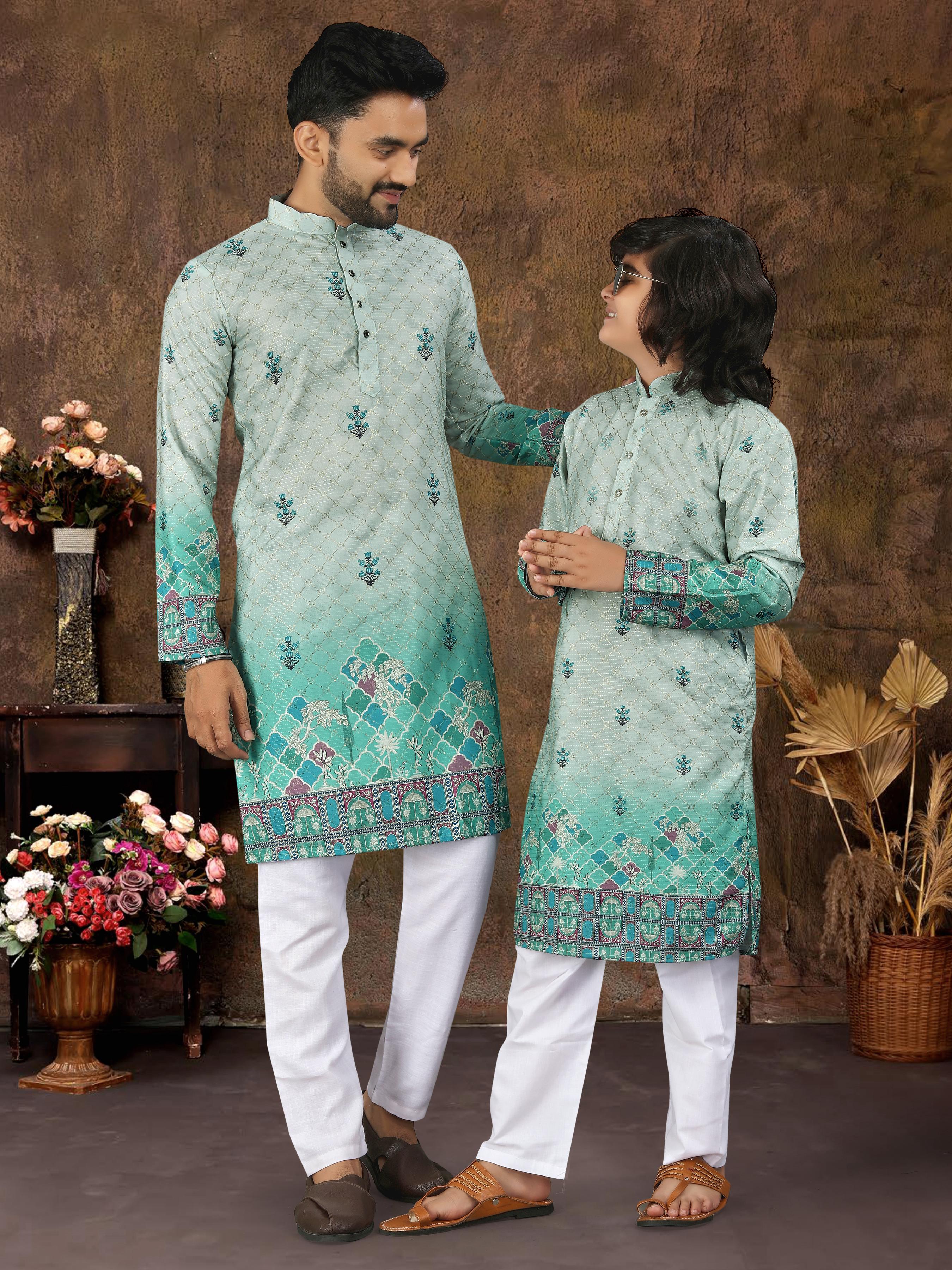 Pista Pure Cotton Reyon Thread Work Kurta Pajama Father &amp; Son Matching Combo Set