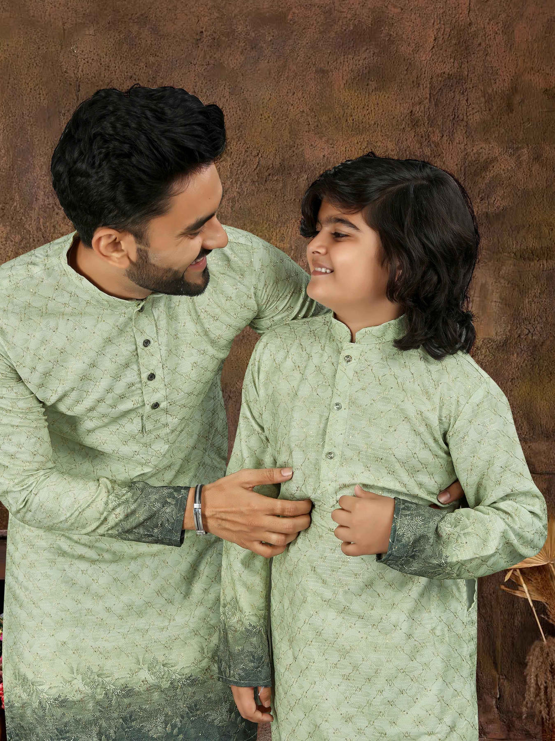 Green Pure Cotton Reyon Thread Work Kurta Pajama Father &amp; Son Matching Combo Set
