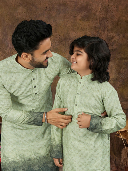 Green Pure Cotton Reyon Thread Work Kurta Pajama Father &amp; Son Matching Combo Set