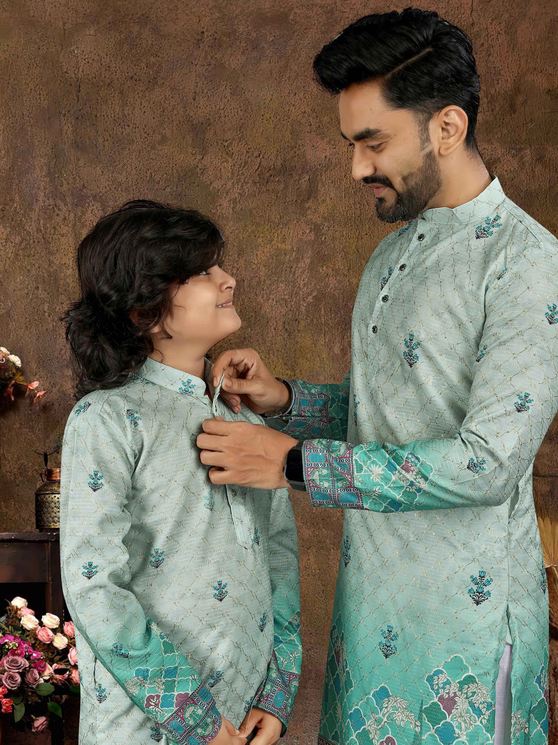 Pista Pure Cotton Reyon Thread Work Kurta Pajama Father &amp; Son Matching Combo Set