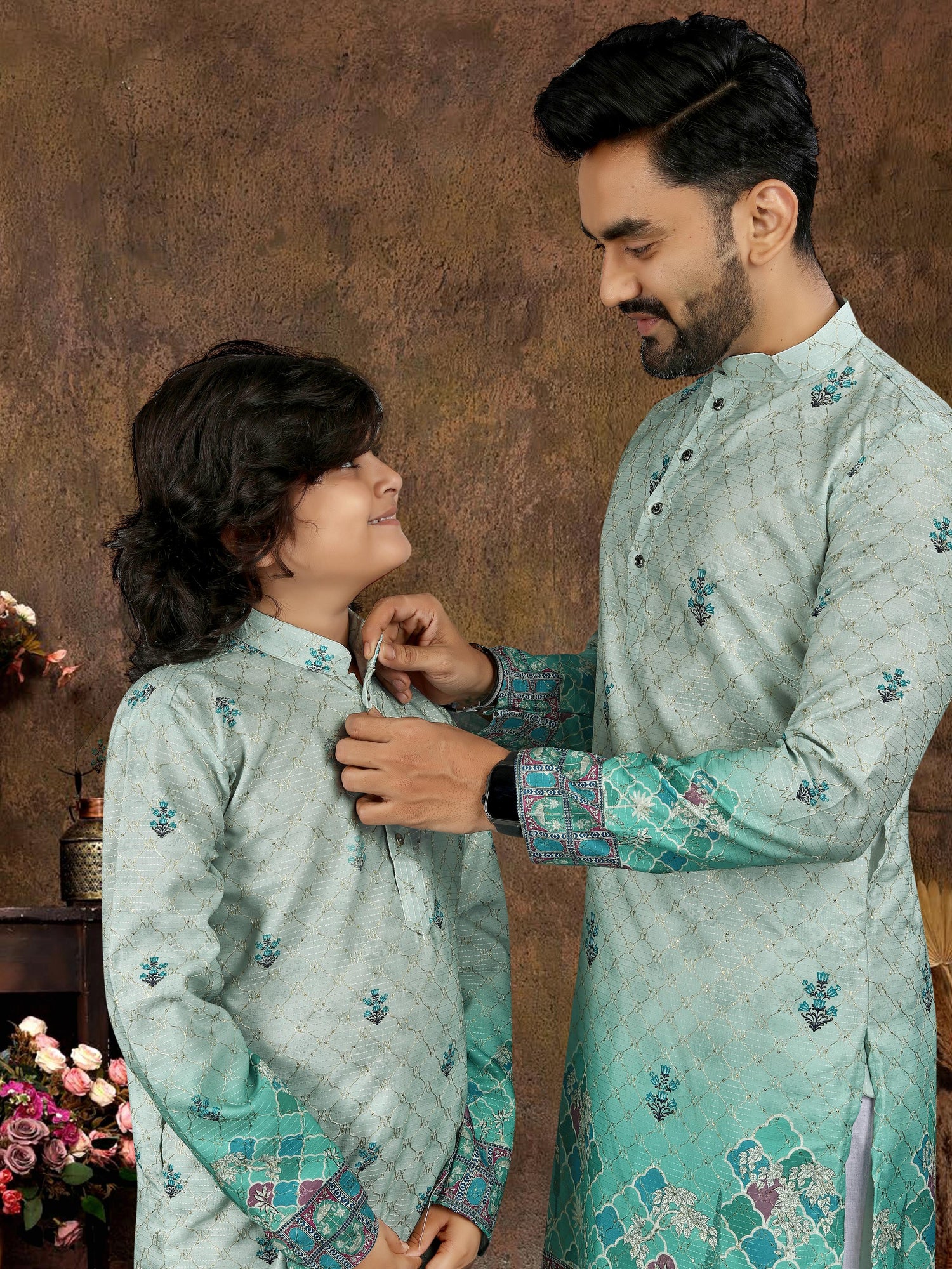 Pista Pure Cotton Reyon Thread Work Kurta Pajama Father &amp; Son Matching Combo Set