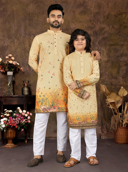 Yellow Pure Cotton Reyon Thread Work Kurta Pajama Father &amp; Son Matching Combo Set
