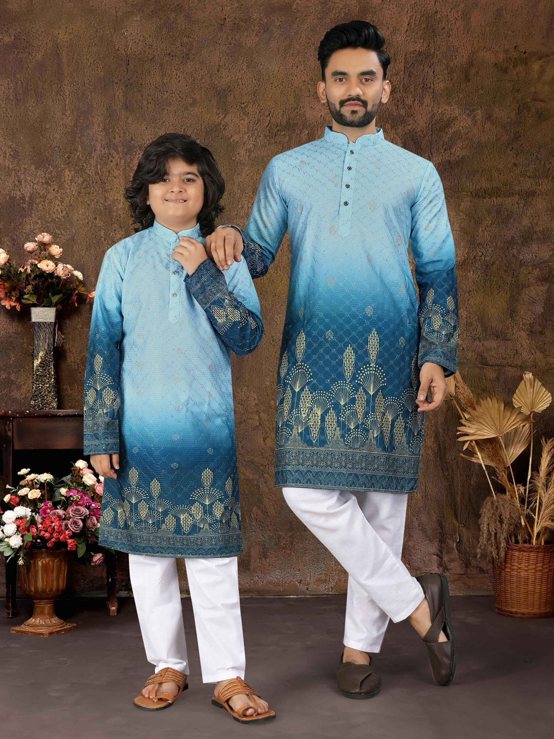 Sky Pure Cotton Reyon Thread Work Kurta Pajama Father &amp; Son Matching Combo Set