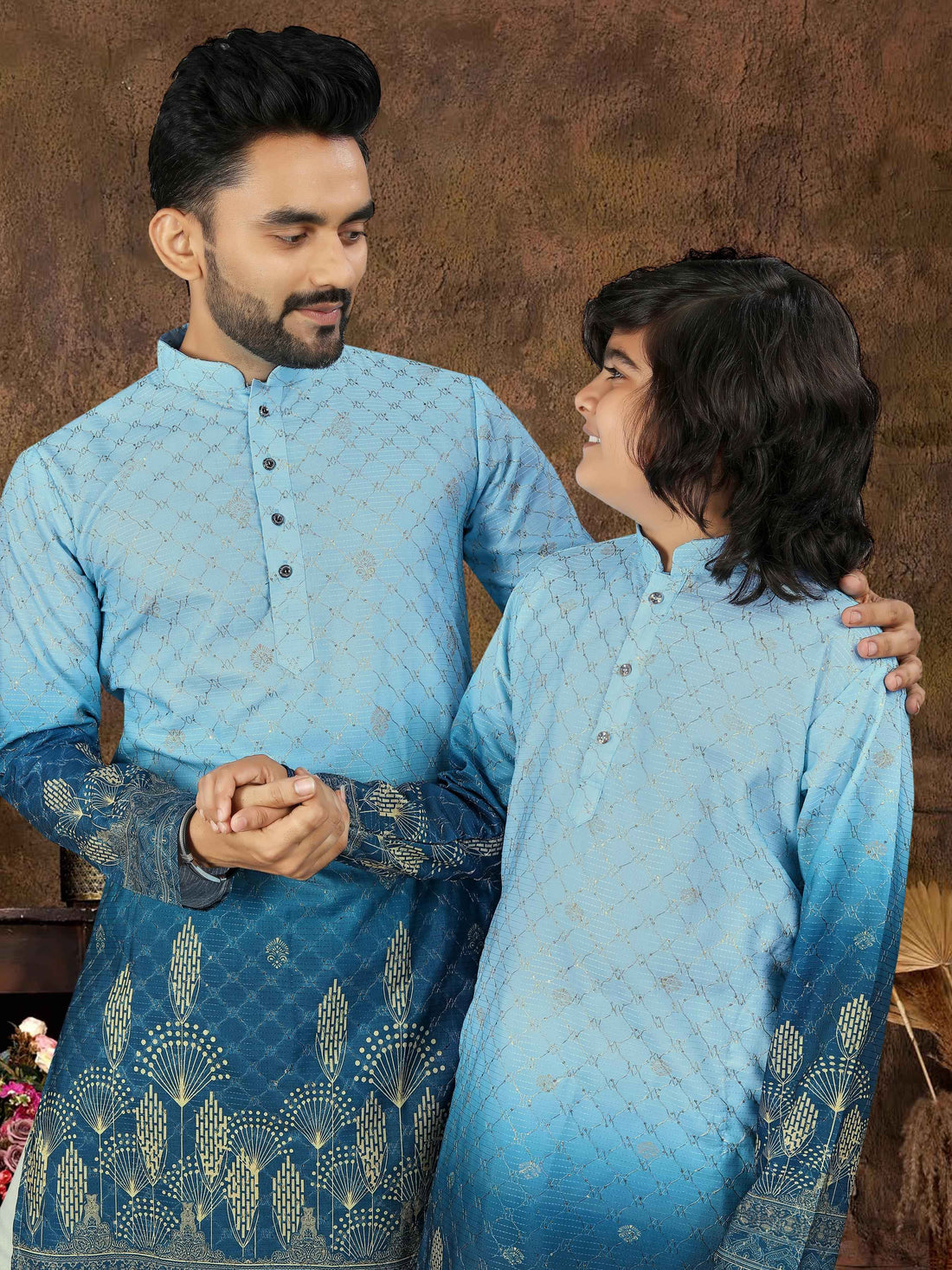 Sky Pure Cotton Reyon Thread Work Kurta Pajama Father &amp; Son Matching Combo Set