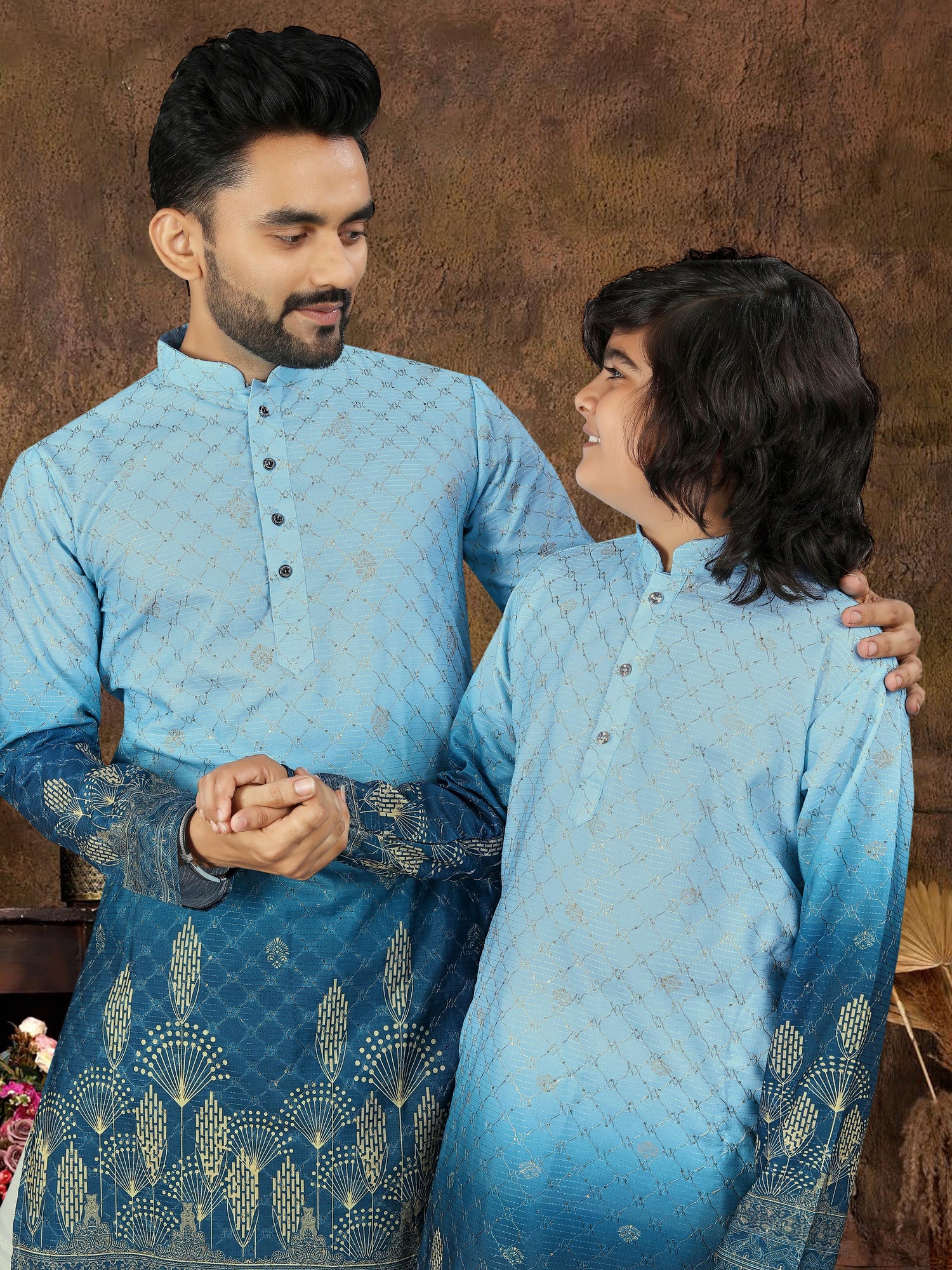 Sky Pure Cotton Reyon Thread Work Kurta Pajama Father &amp; Son Matching Combo Set
