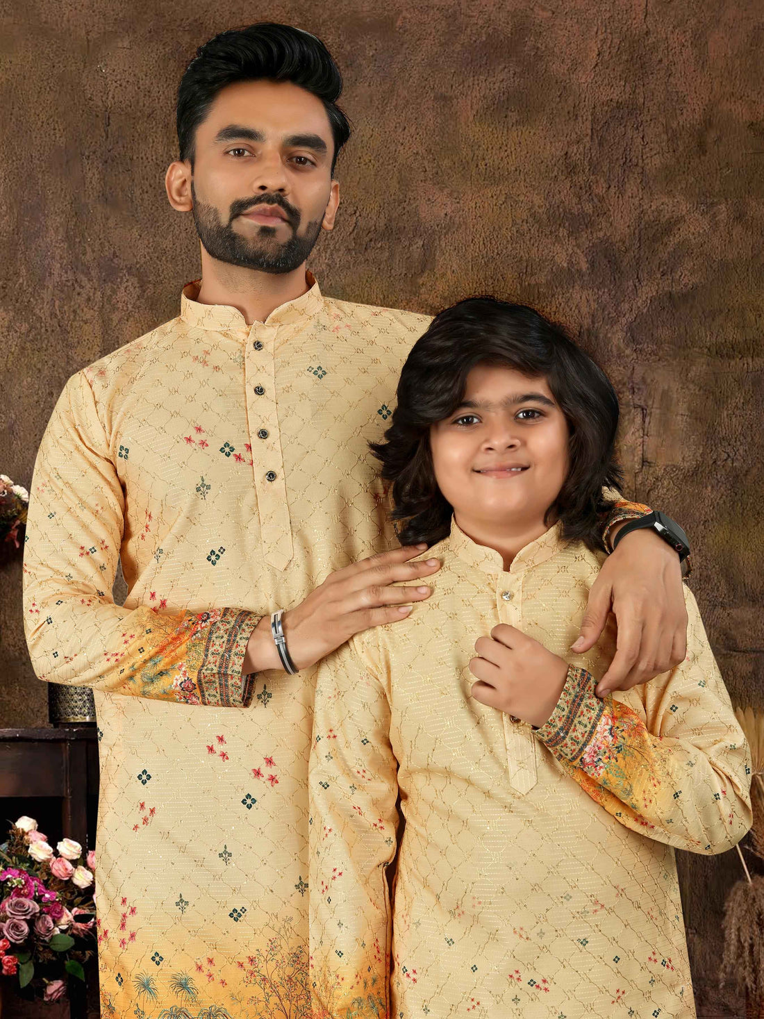 Yellow Pure Cotton Reyon Thread Work Kurta Pajama Father &amp; Son Matching Combo Set