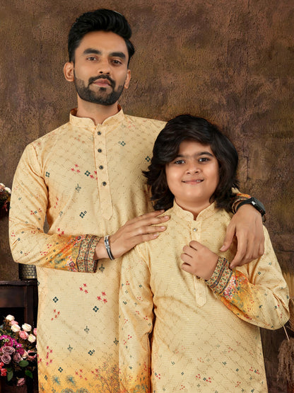 Yellow Pure Cotton Reyon Thread Work Kurta Pajama Father &amp; Son Matching Combo Set