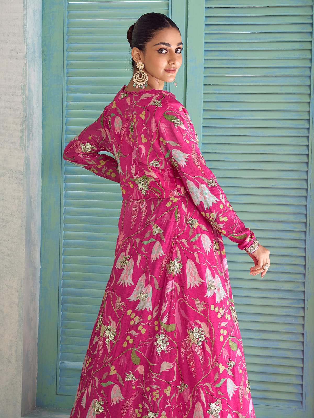 Hot Pink Floral Indo-Western Jacket Palazzo Set with Embroidery