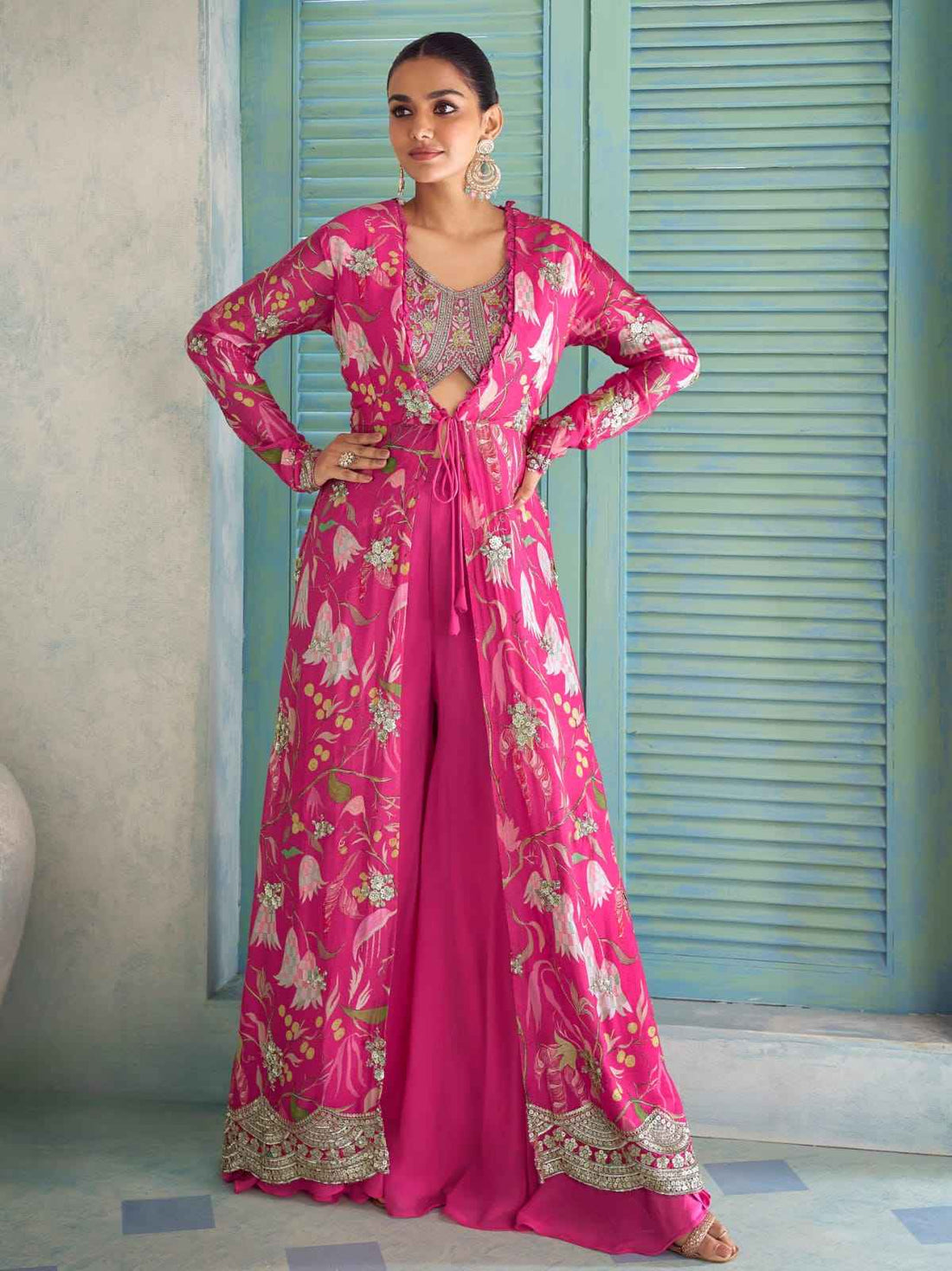 Hot Pink Floral Indo-Western Jacket Palazzo Set with Embroidery