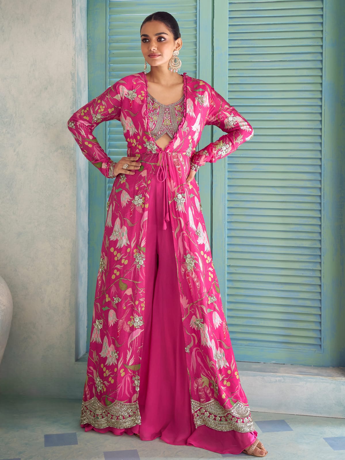 Hot Pink Floral Indo-Western Jacket Palazzo Set with Embroidery