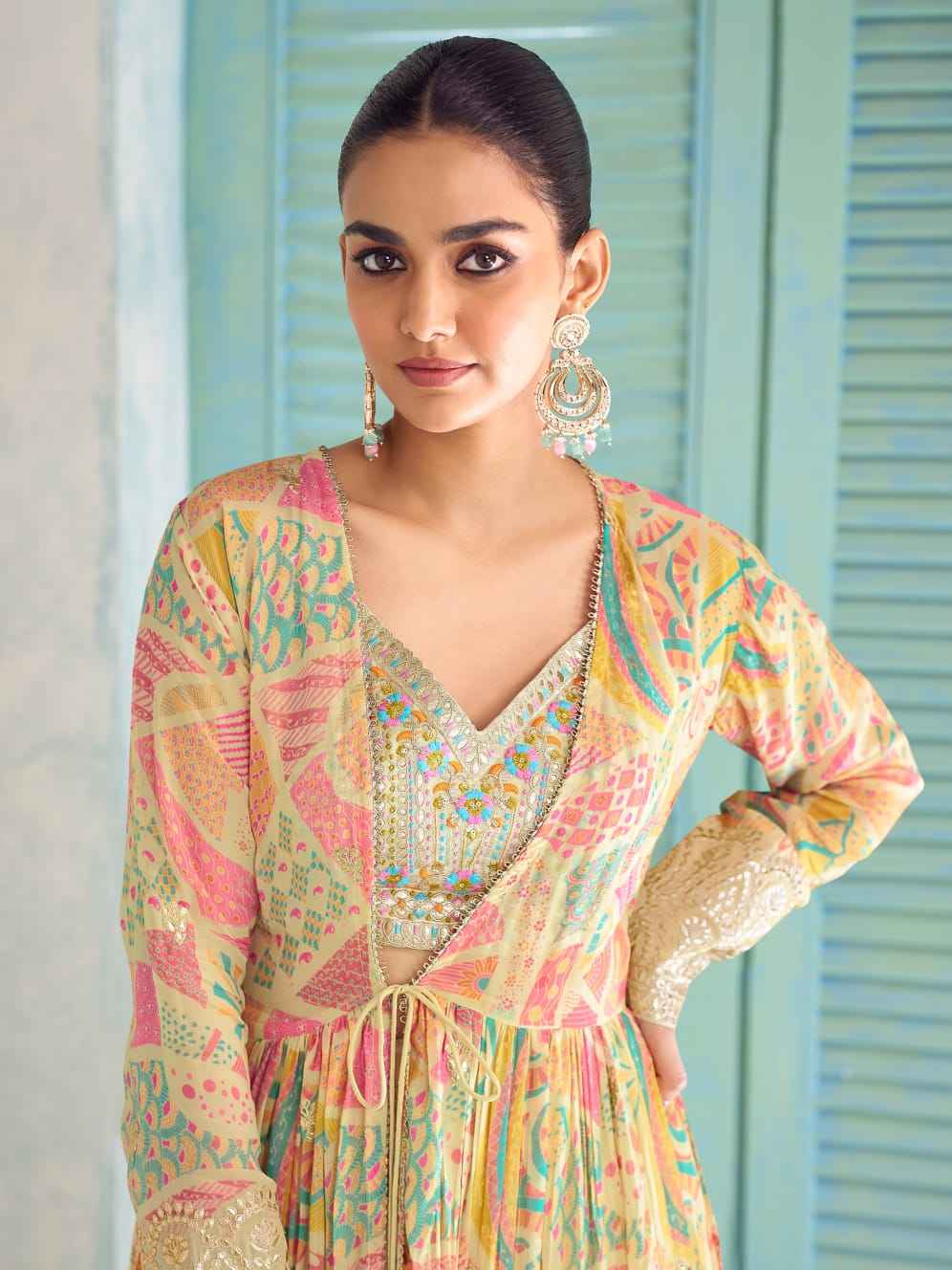Yellow Multicolor Indo-Western Jacket Palazzo Set with Embroidery