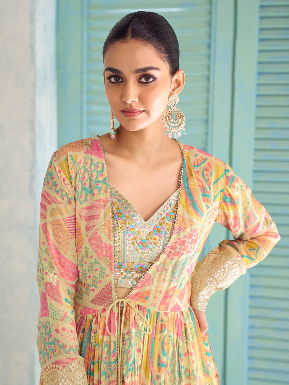 Yellow Multicolor Indo-Western Jacket Palazzo Set with Embroidery