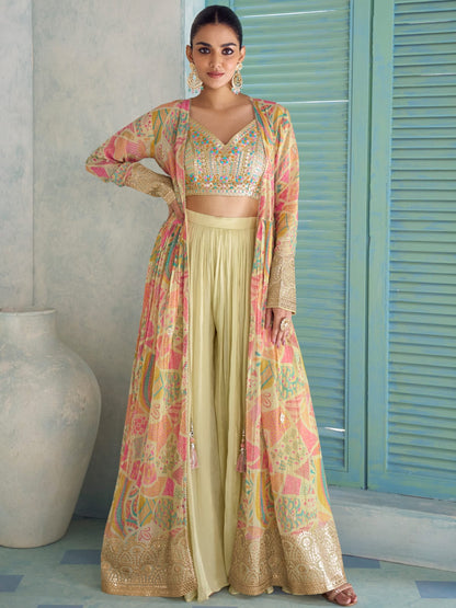 Yellow Multicolor Indo-Western Jacket Palazzo Set with Embroidery