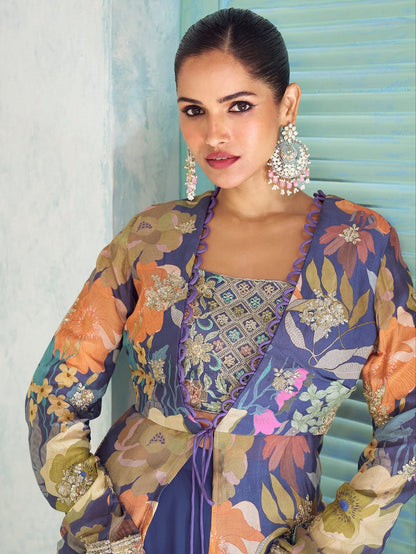 Navy Blue Floral Indo-Western Jacket Palazzo Set with Embroidery