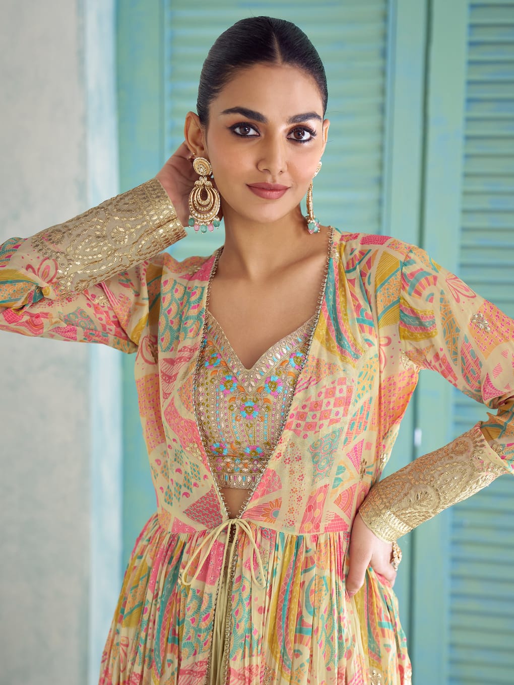 Yellow Multicolor Indo-Western Jacket Palazzo Set with Embroidery
