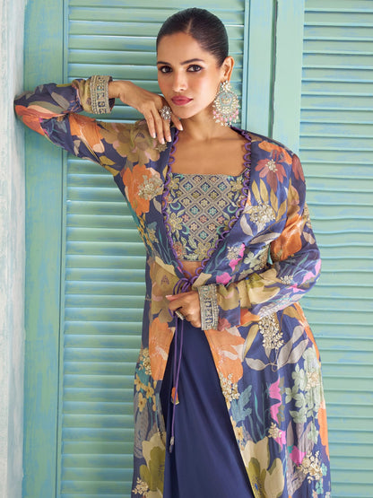 Navy Blue Floral Indo-Western Jacket Palazzo Set with Embroidery