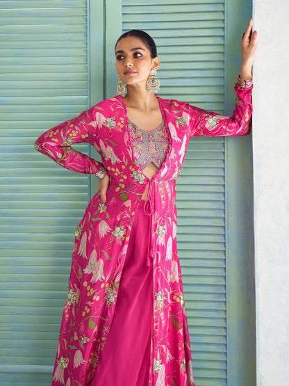 Hot Pink Floral Indo-Western Jacket Palazzo Set with Embroidery