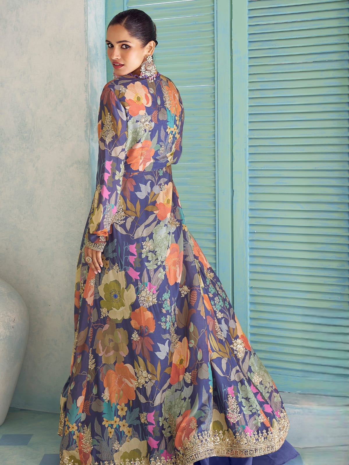 Navy Blue Floral Indo-Western Jacket Palazzo Set with Embroidery