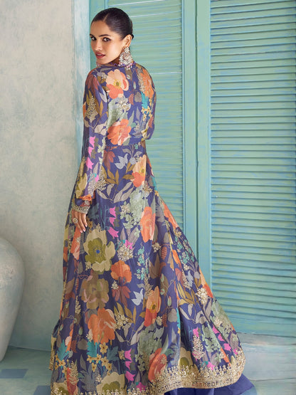 Navy Blue Floral Indo-Western Jacket Palazzo Set with Embroidery