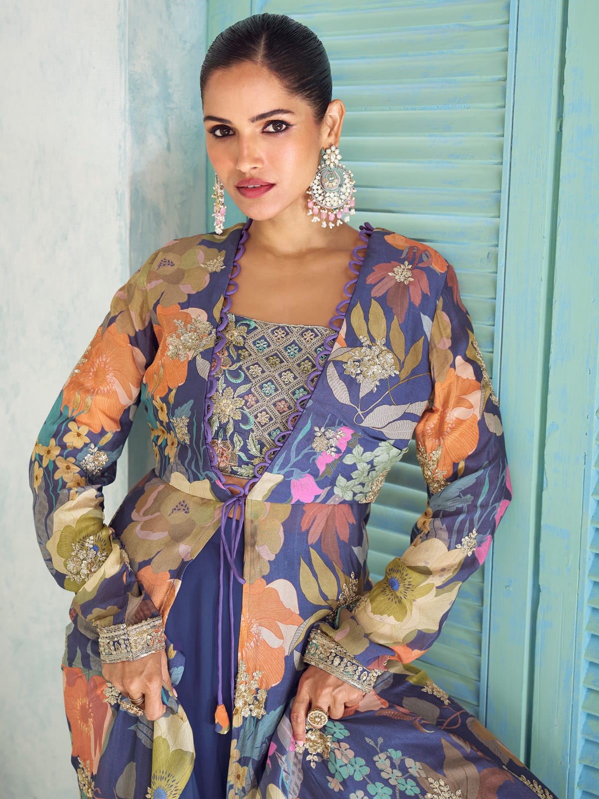 Navy Blue Floral Indo-Western Jacket Palazzo Set with Embroidery