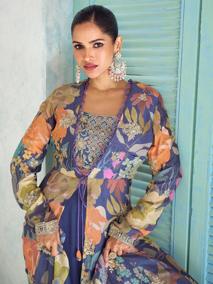 Navy Blue Floral Indo-Western Jacket Palazzo Set with Embroidery