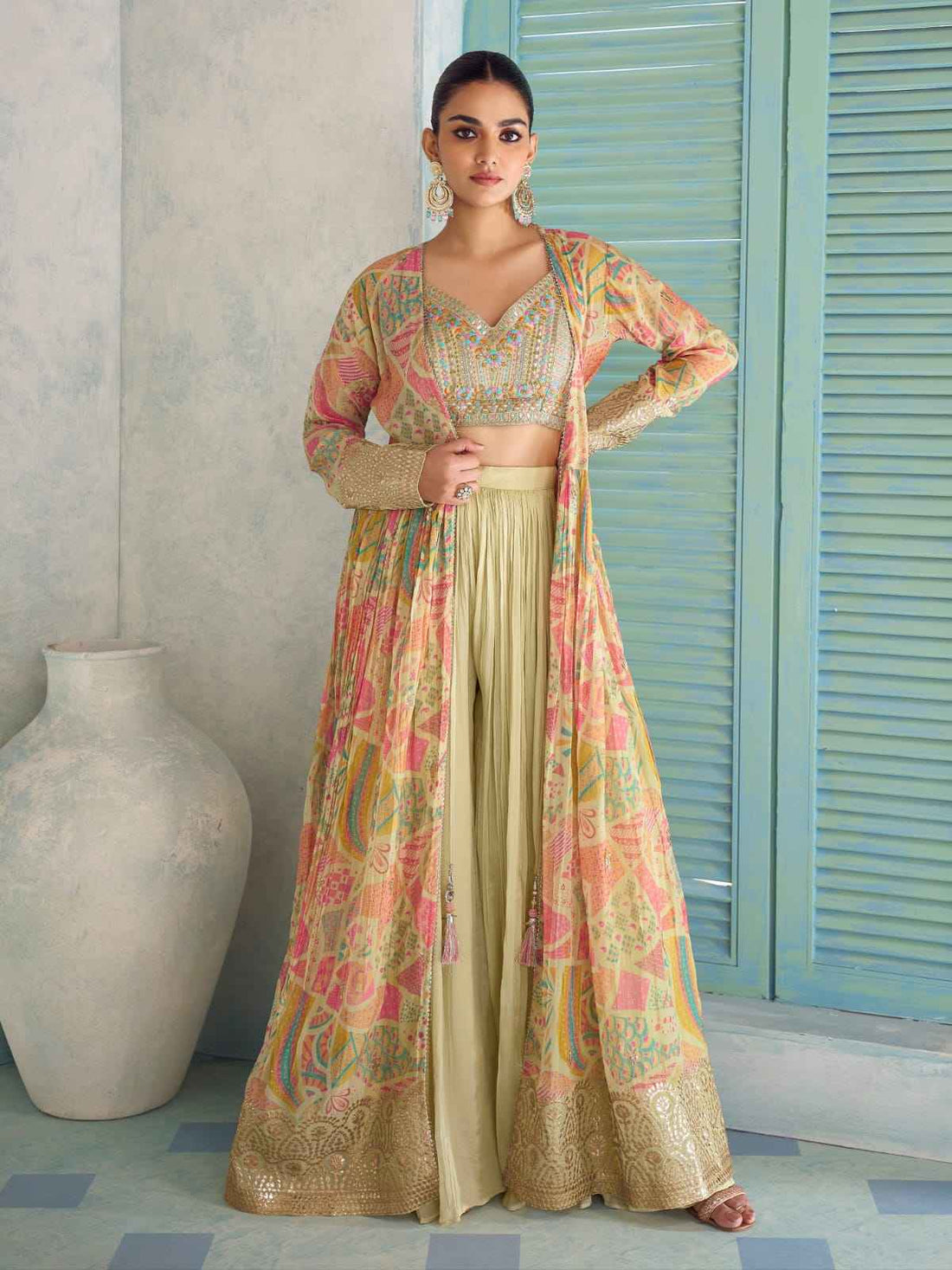 Yellow Multicolor Indo-Western Jacket Palazzo Set with Embroidery