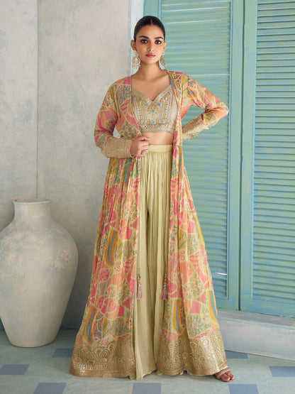 Yellow Multicolor Indo-Western Jacket Palazzo Set with Embroidery