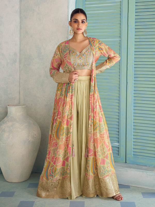 Yellow Multicolor Indo-Western Jacket Palazzo Set with Embroidery