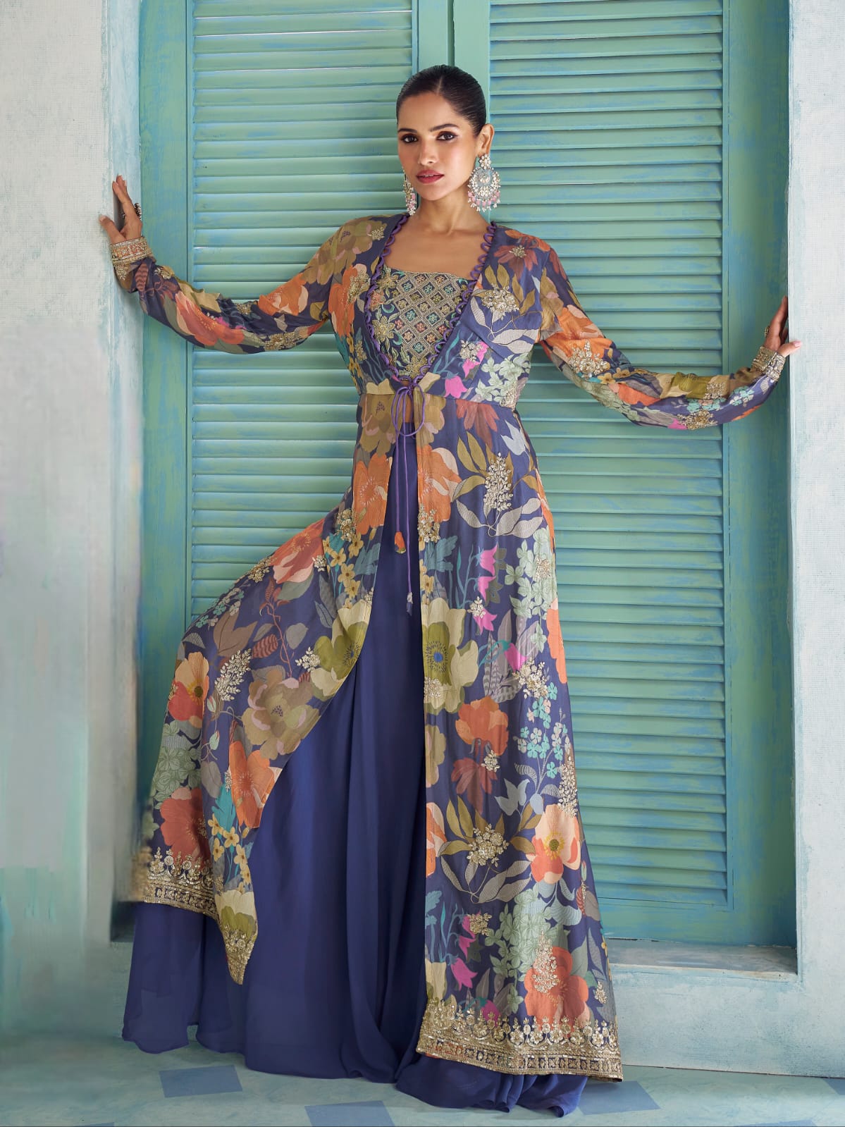 Navy Blue Floral Indo-Western Jacket Palazzo Set with Embroidery