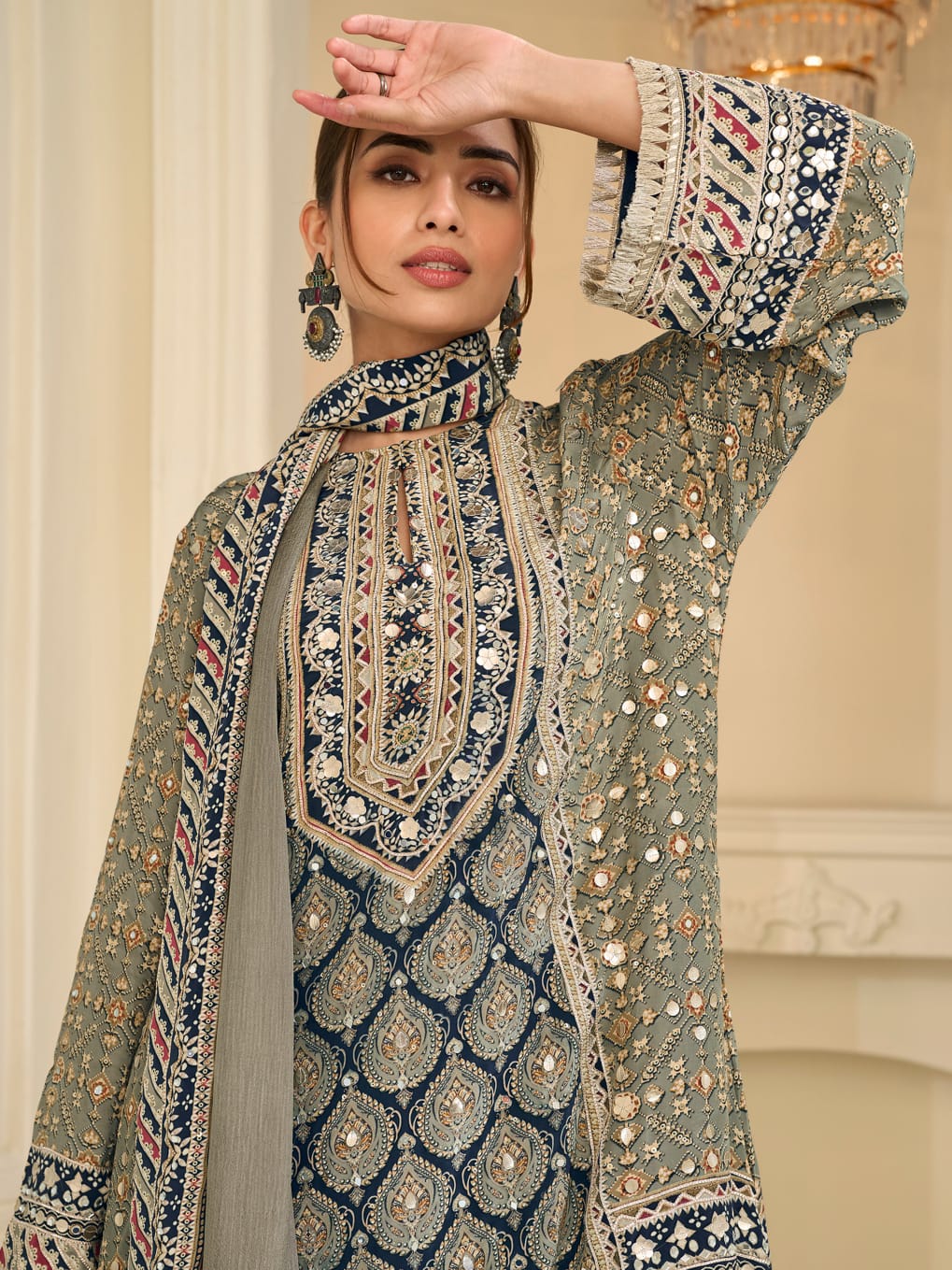 Grey Olive Crepe Silk Palazzo Suit Set with Aari &amp; Gota Patti Work