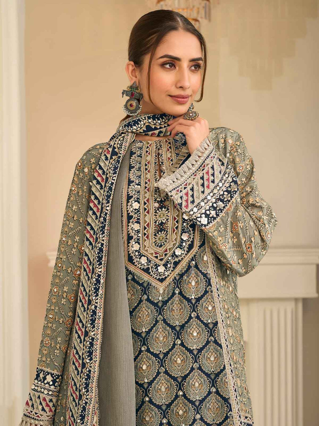 Grey Olive Crepe Silk Palazzo Suit Set with Aari &amp; Gota Patti Work