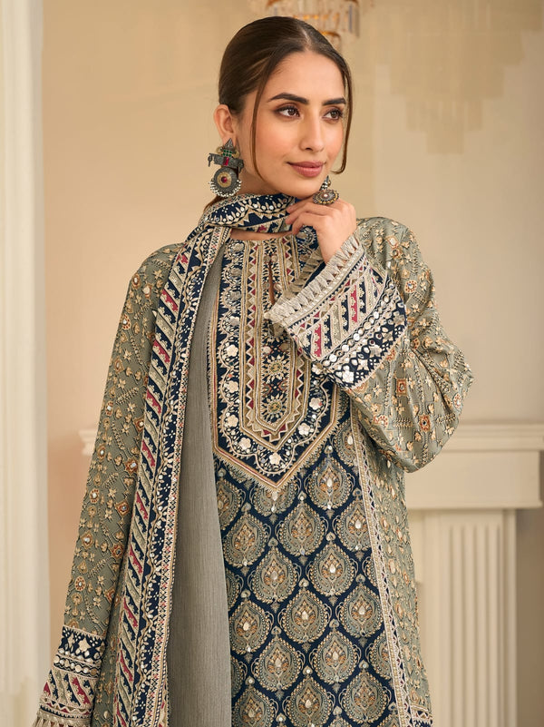 Grey Olive Crepe Silk Palazzo Suit Set with Aari & Gota Patti Work