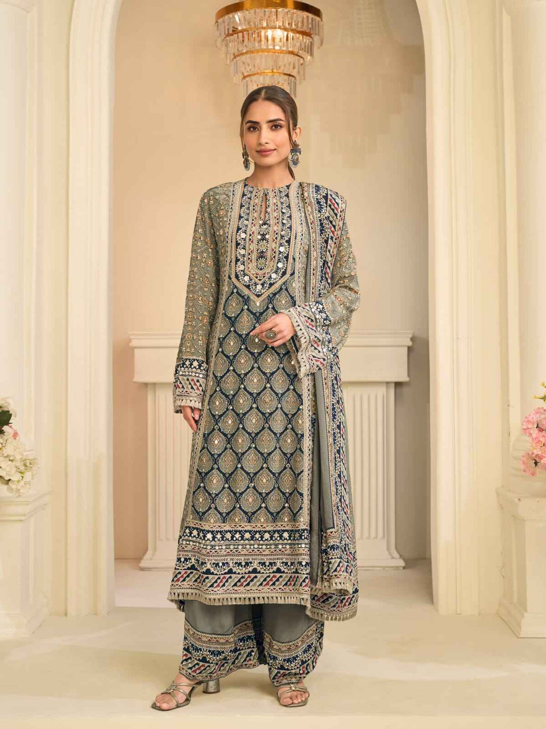 Grey Olive Crepe Silk Palazzo Suit Set with Aari &amp; Gota Patti Work
