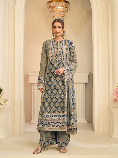 Grey Olive Crepe Silk Palazzo Suit Set with Aari &amp; Gota Patti Work