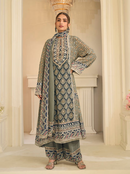 Grey Olive Crepe Silk Palazzo Suit Set with Aari &amp; Gota Patti Work