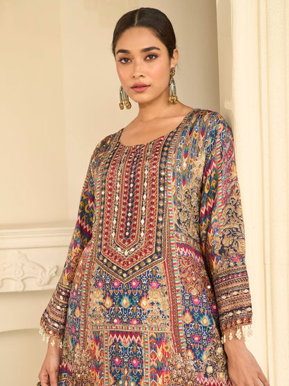 Multicolor Blue Crepe Silk Palazzo Suit Set with Aari &amp; Gota Patti Work