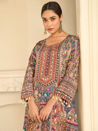 Multicolor Blue Crepe Silk Palazzo Suit Set with Aari &amp; Gota Patti Work