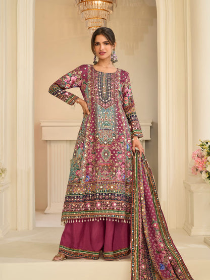 Wine Maroon Crepe Silk Palazzo Suit Set with Aari &amp; Gota Patti Work
